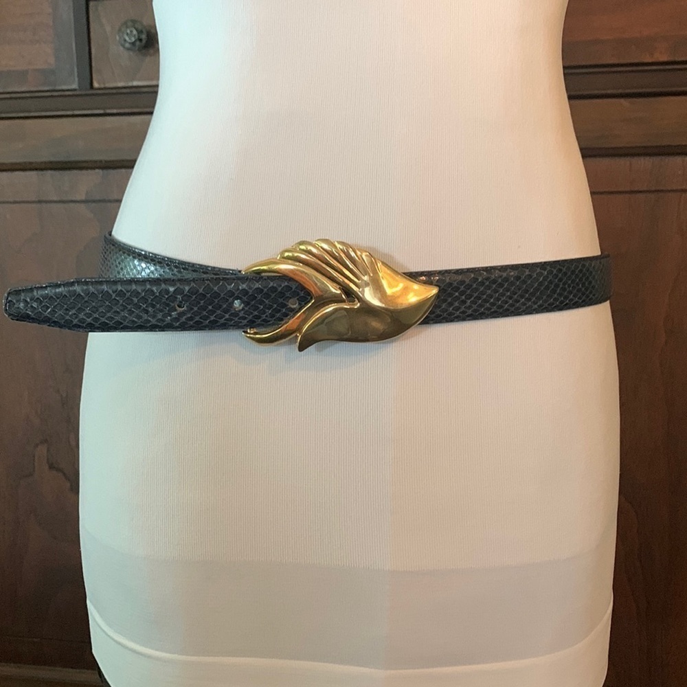 Genuine Snake Skin belt with gold buckle made for Leather Shop vintage EUC